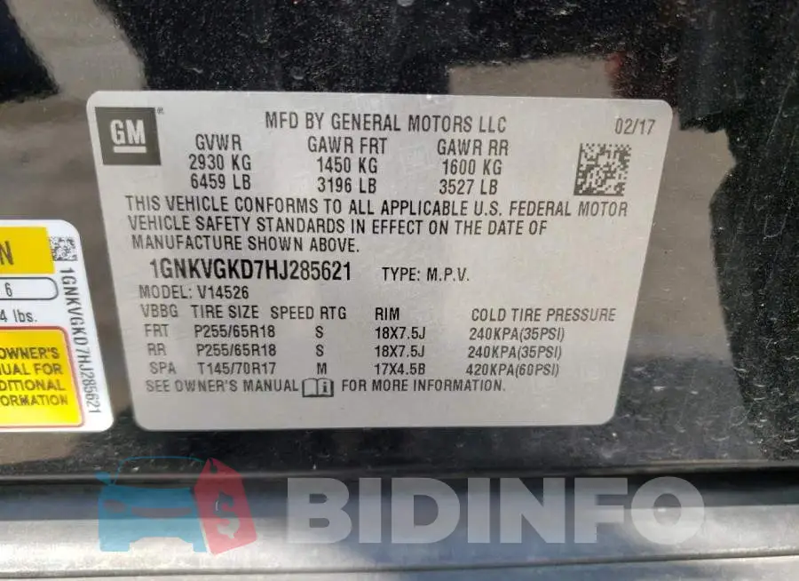 1GNKVGKD7HJ285621 Photo# 13