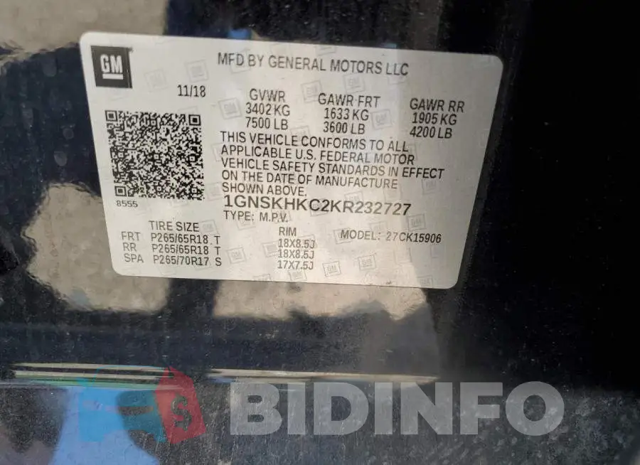1GNSKHKC2KR232727 Photo# 13