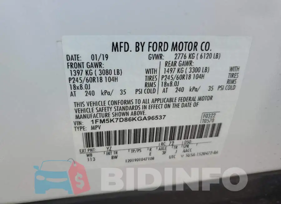 1FM5K7D86KGA96537 Photo# 12