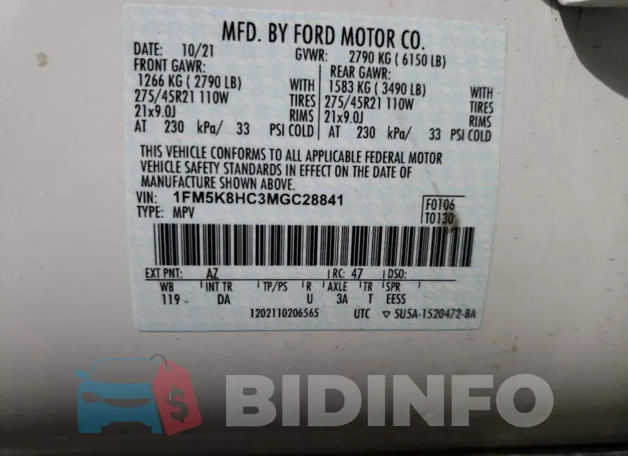1FM5K8HC3MGC28841 Photo# 13