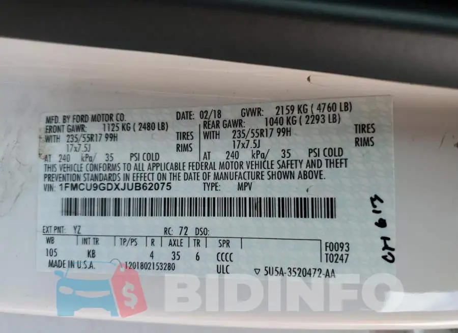 1FMCU9GDXJUB62075 Photo# 14