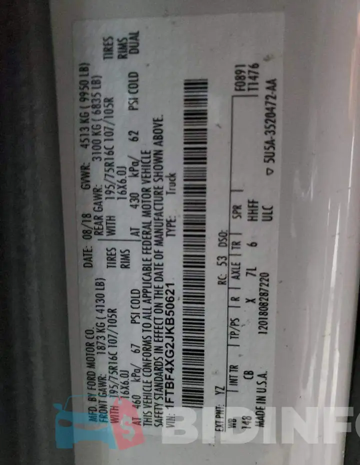 1FTBF4XG2JKB50621 Photo# 13