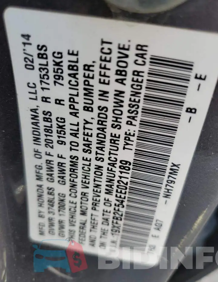 19XFB2F54EE021189 Photo# 12