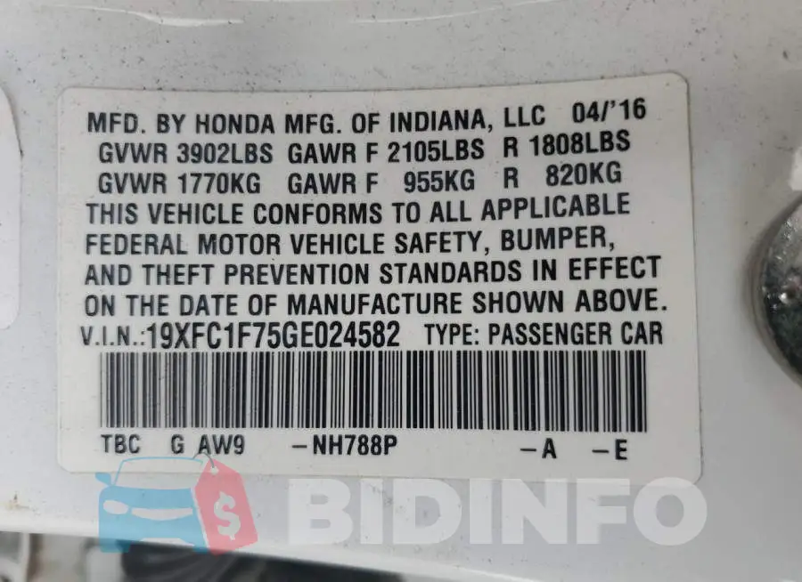 19XFC1F75GE024582 Photo# 12