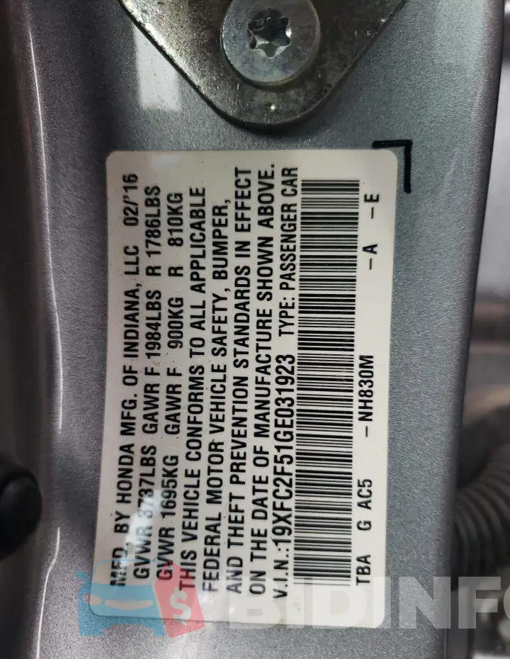 19XFC2F51GE031923 Photo# 12