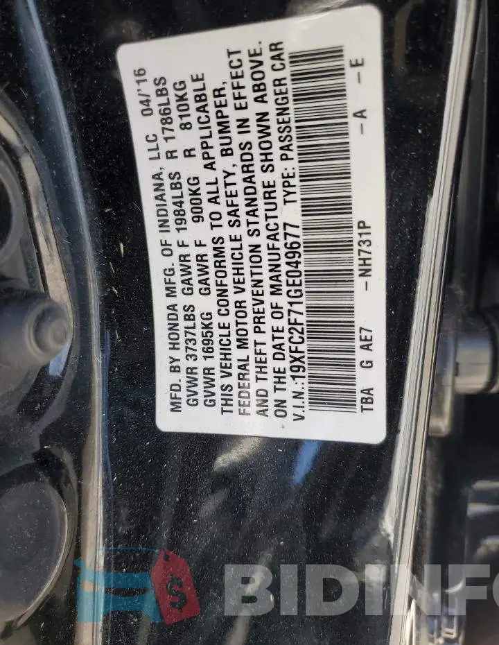 19XFC2F71GE049677 Photo# 13