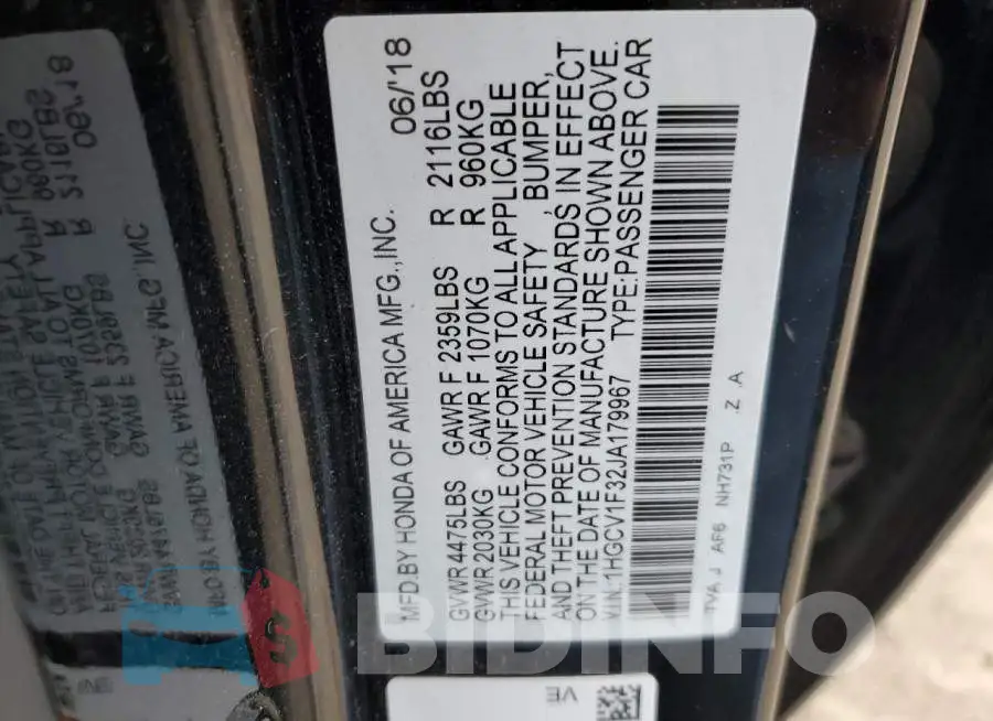 1HGCV1F32JA179967 Photo# 12