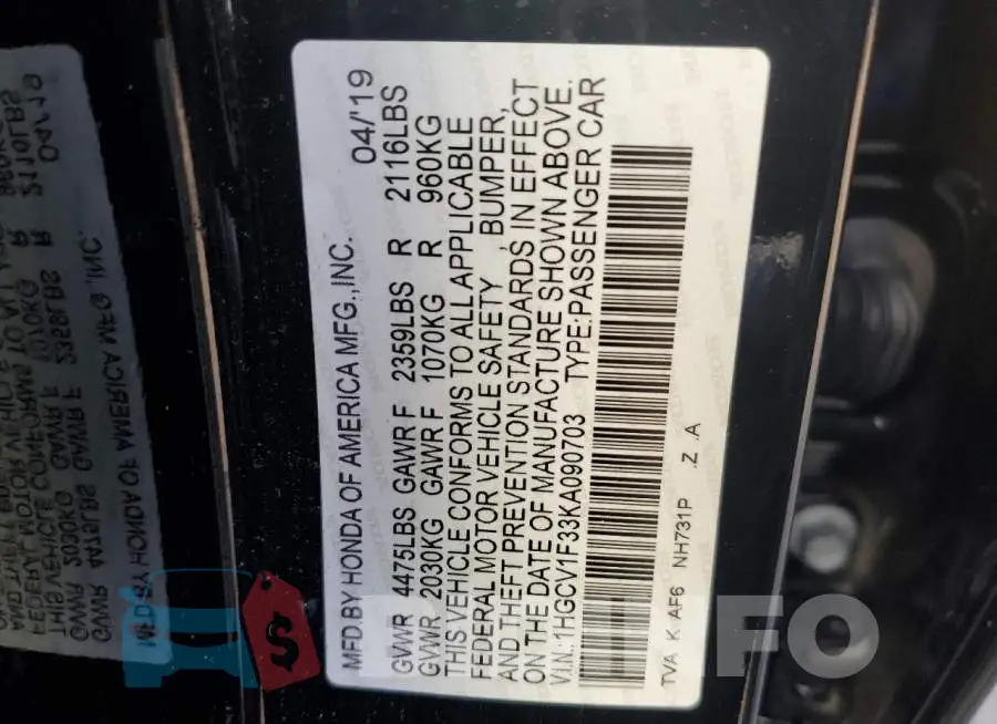 1HGCV1F33KA090703 Photo# 12