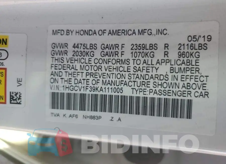1HGCV1F39KA111005 Photo# 12