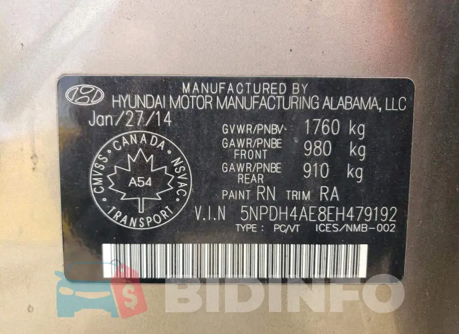5NPDH4AE8EH479192 Photo# 12