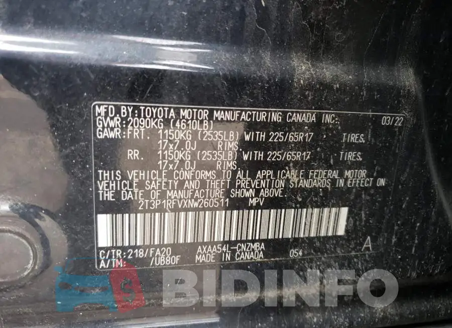 2T3P1RFVXNW260511 Photo# 12
