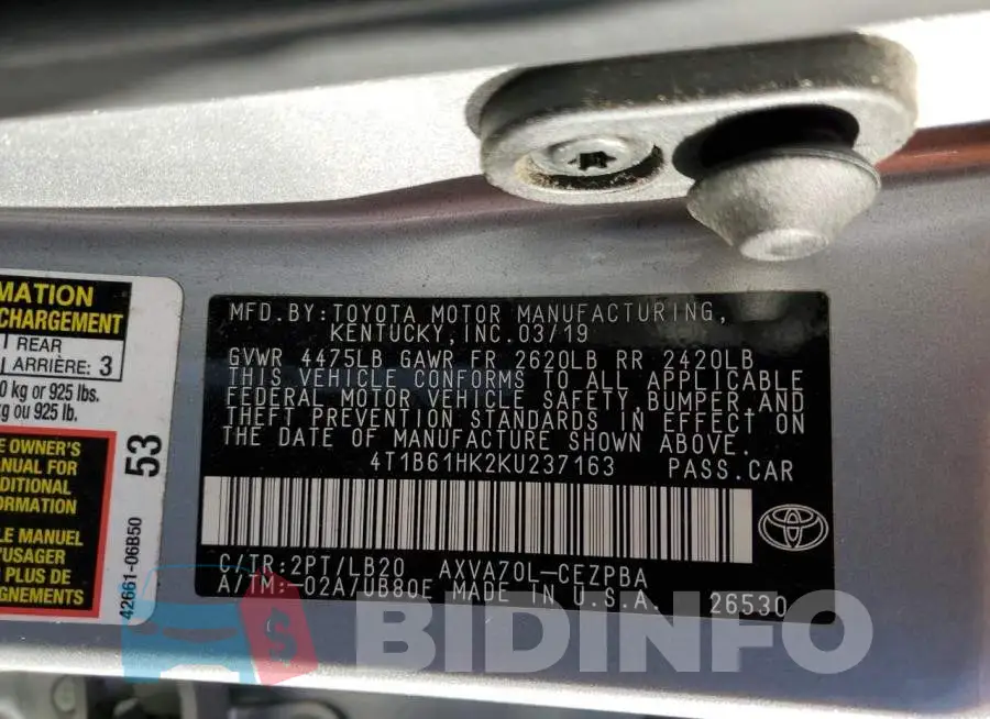 4T1B61HK2KU237163 Photo# 12