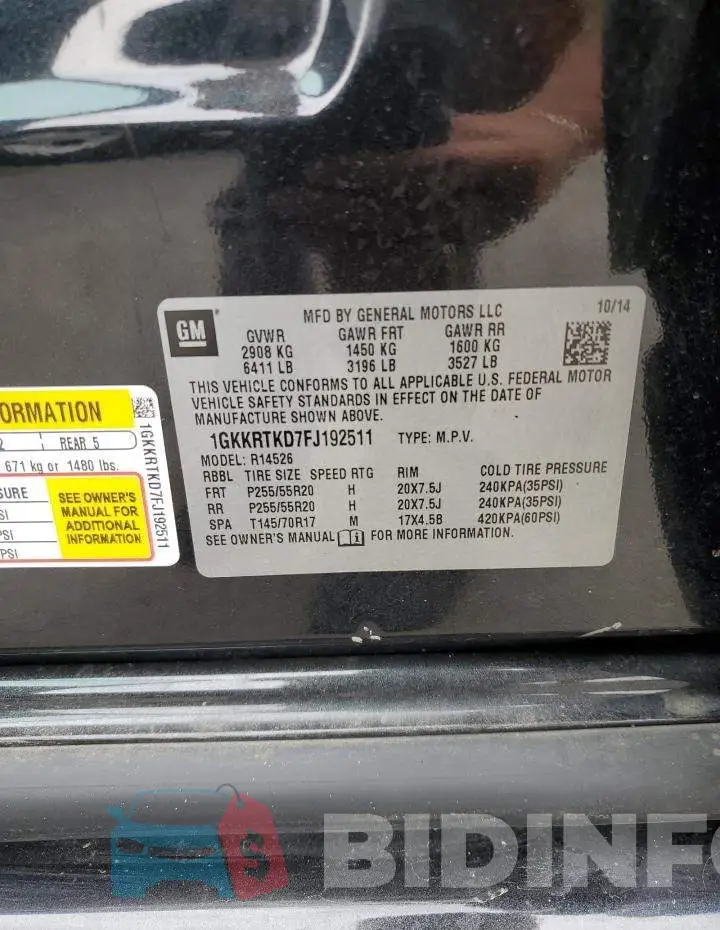 1GKKRTKD7FJ192511 Photo# 13