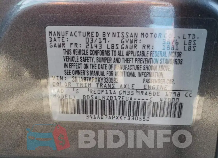 3N1AB7APXKY330582 Photo# 13