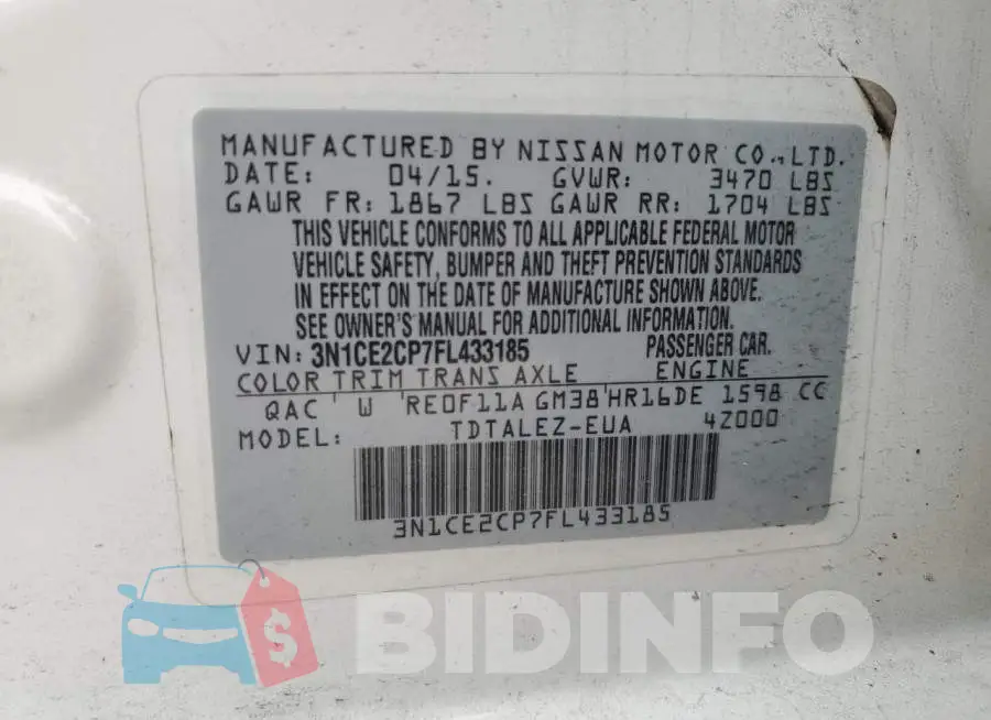 3N1CE2CP7FL433185 Photo# 13