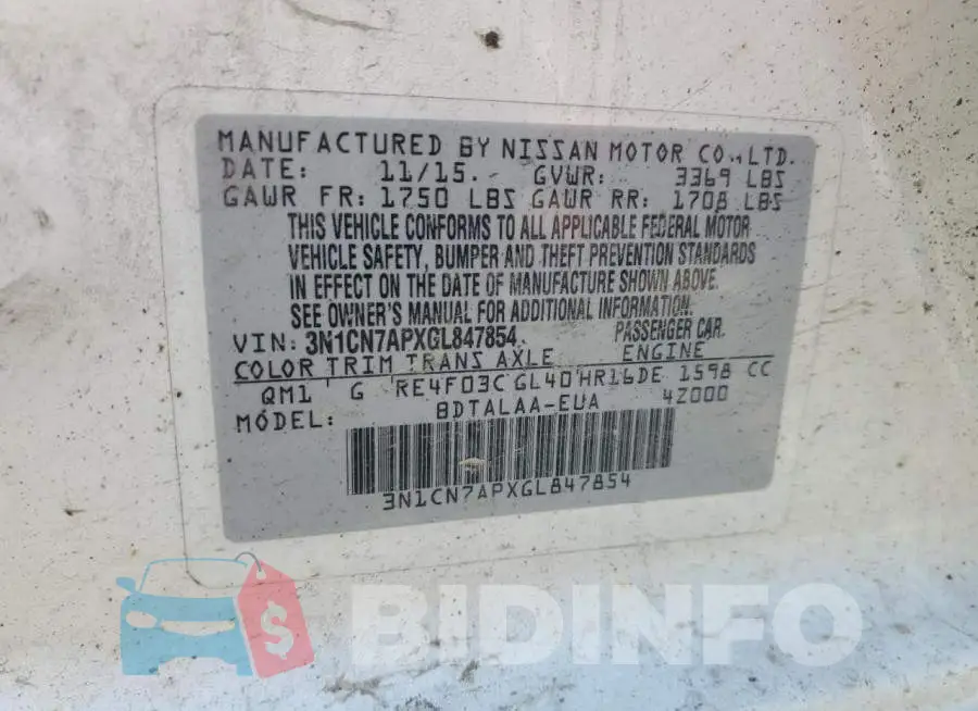 3N1CN7APXGL847854 Photo# 12