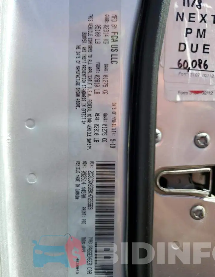 2C3CDXBG9KH725569 Photo# 12