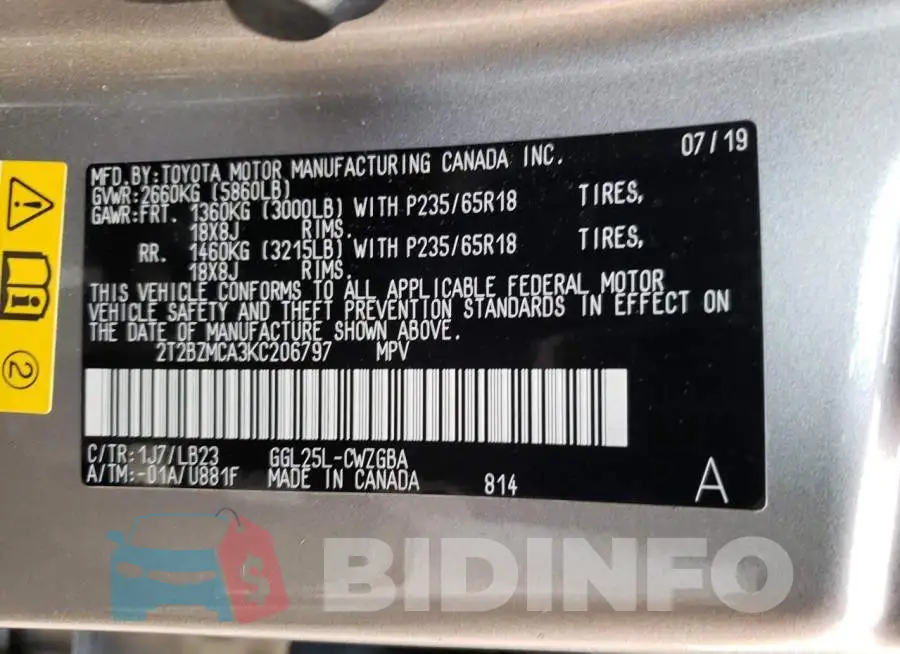 2T2BZMCA3KC206797 Photo# 14