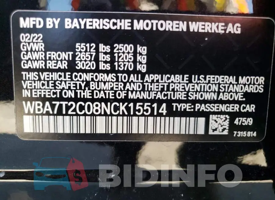 WBA7T2C08NCK15514 Photo# 13