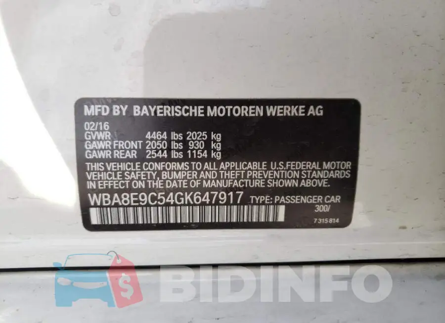 WBA8E9C54GK647917 Photo# 12