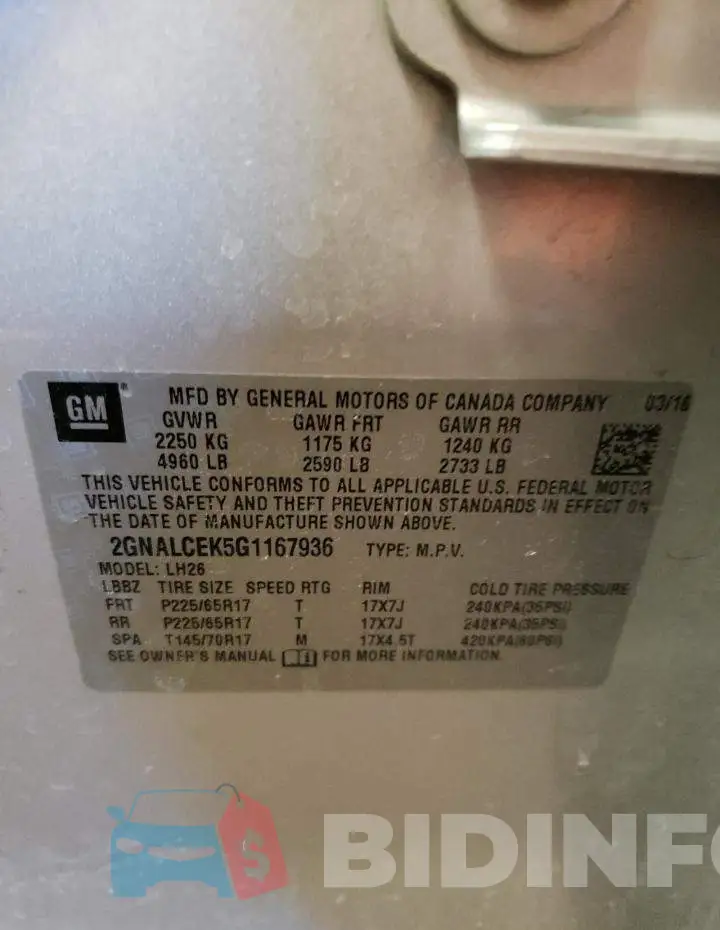 2GNALCEK5G1167936 Photo# 12