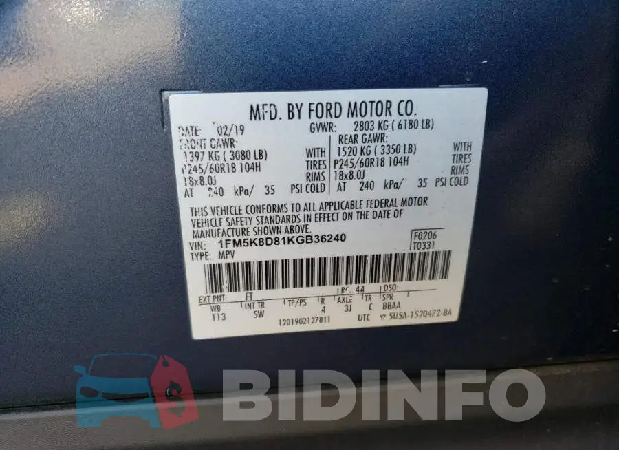 1FM5K8D81KGB36240 Photo# 13