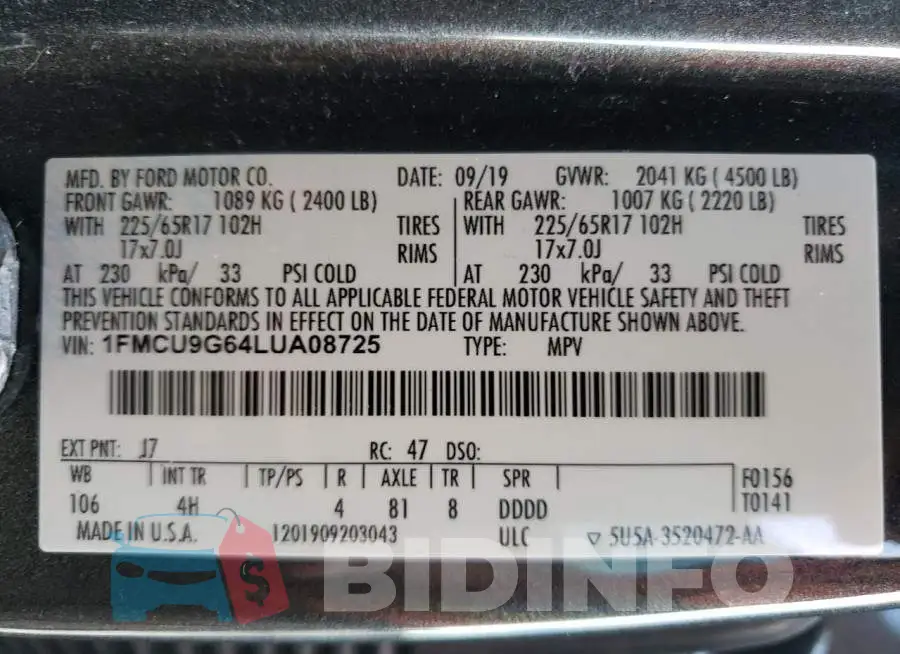 1FMCU9G64LUA08725 Photo# 12