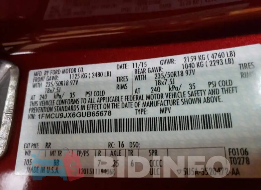 1FMCU9JX6GUB65678 Photo# 14