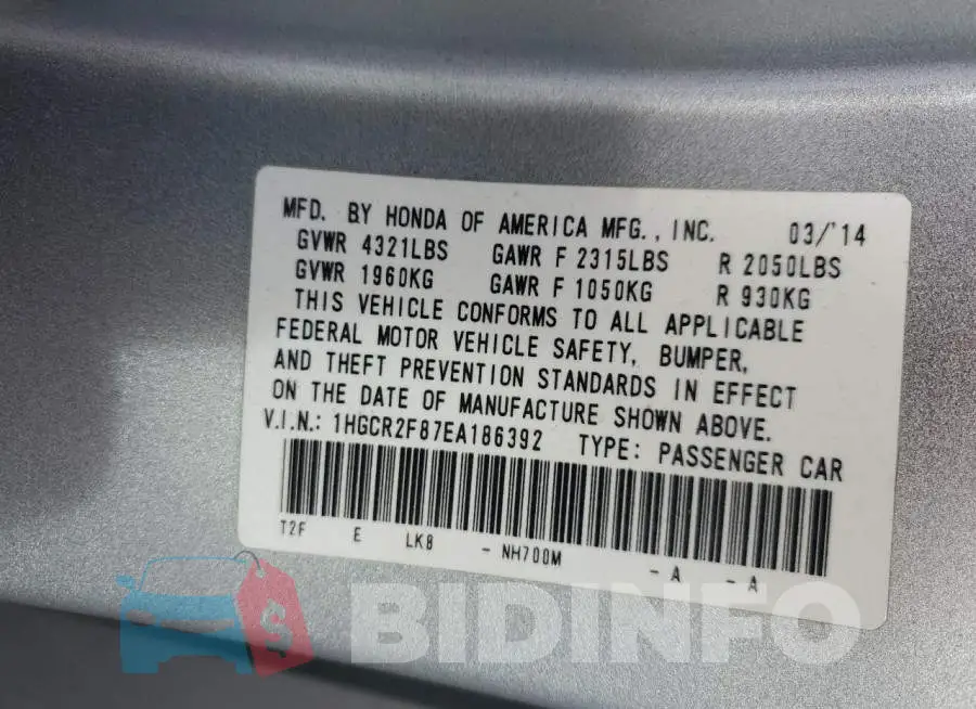 1HGCR2F87EA186392 Photo# 13
