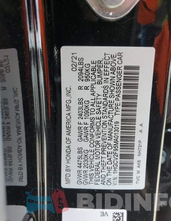 1HGCV2F95MA013019 Photo# 12