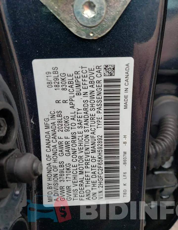 2HGFC2F65KH592892 Photo# 12