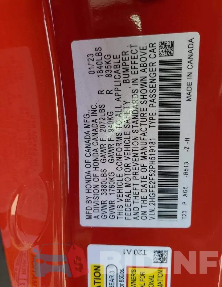 2HGFE2F52PH519181 Photo# 12