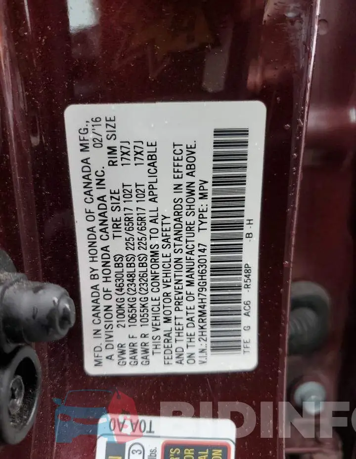 2HKRM4H79GH630147 Photo# 12