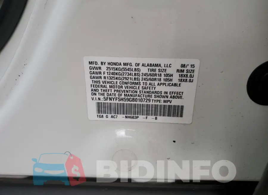 5FNYF5H59GB010729 Photo# 13
