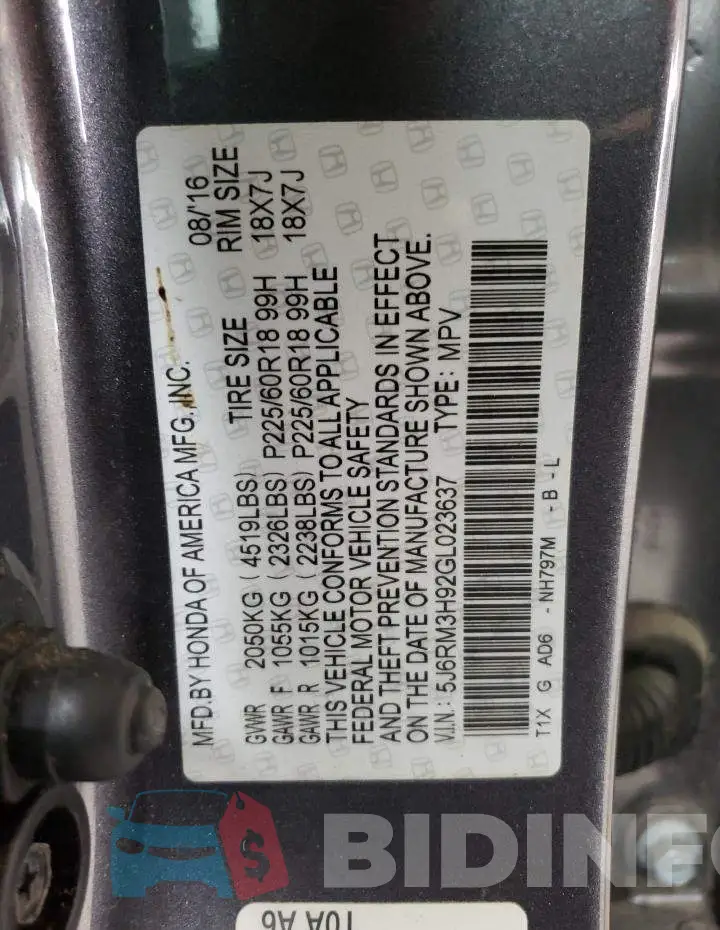 5J6RM3H92GL023637 Photo# 13