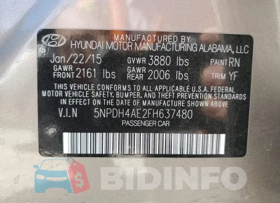 5NPDH4AE2FH637480 Photo# 12