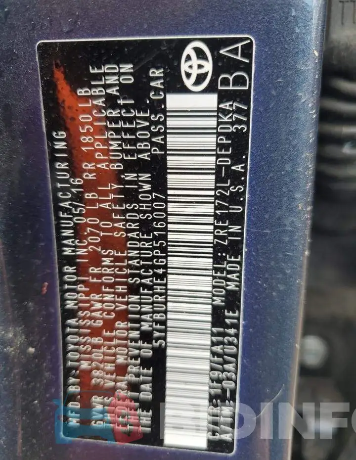 5YFBURHE4GP516007 Photo# 12