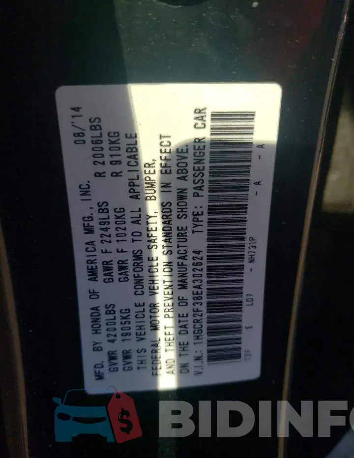 1HGCR2F38EA302624 Photo# 12