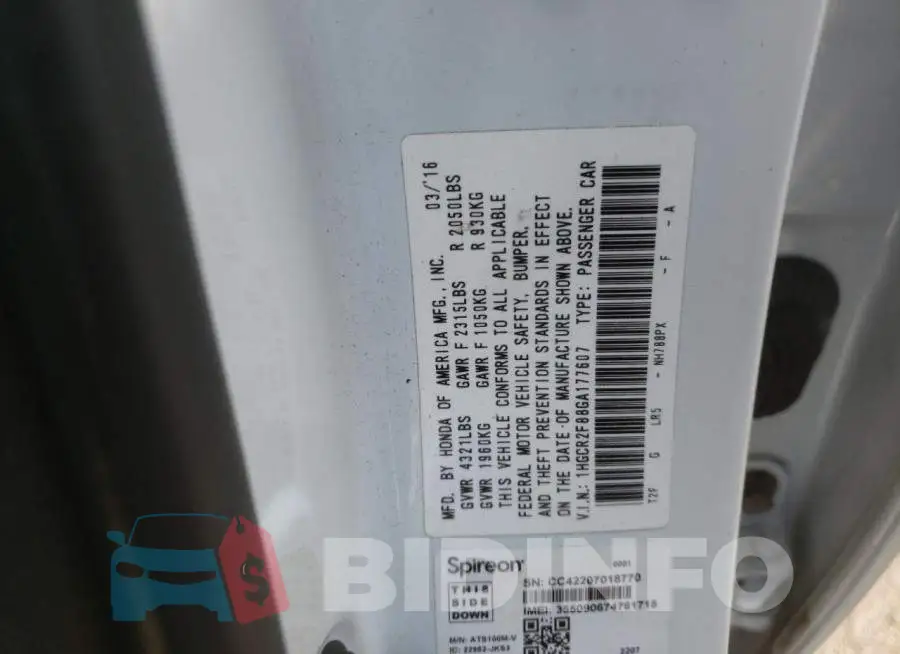 1HGCR2F88GA177607 Photo# 12