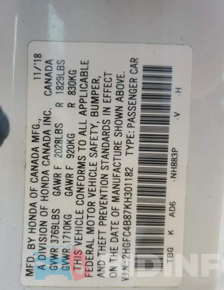 2HGFC4B87KH301182 Photo# 12