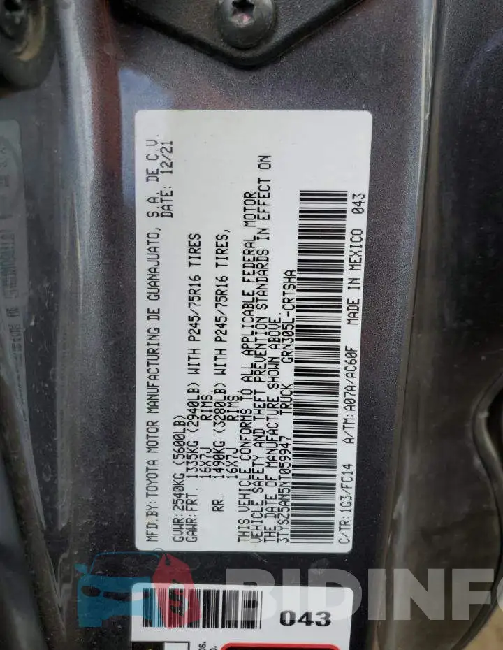 3TYSZ5AN5NT059947 Photo# 12