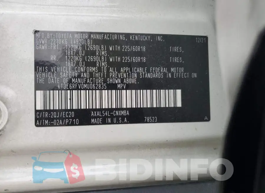 4T3E6RFV0MU062835 Photo# 12