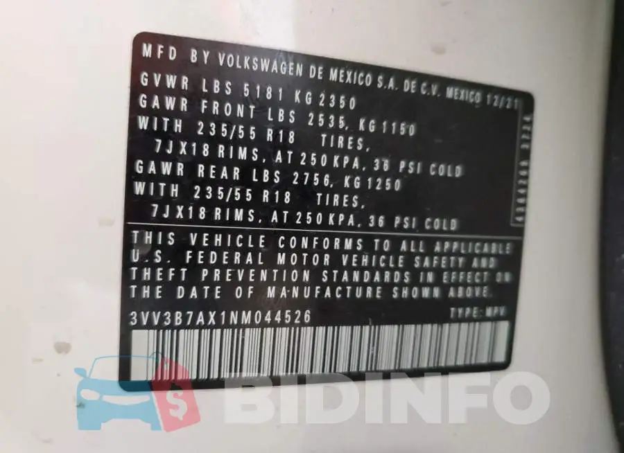 3VV3B7AX1NM044526 Photo# 13