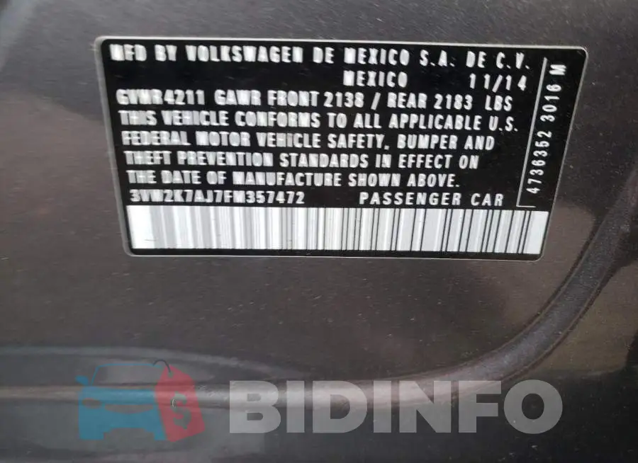 3VW2K7AJ7FM357472 Photo# 12