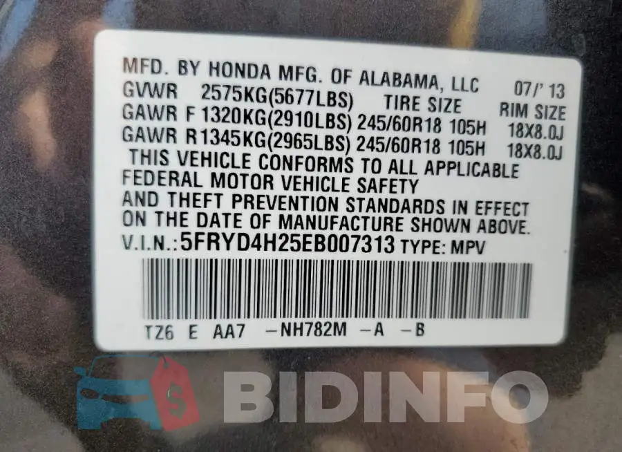 5FRYD4H25EB007313 Photo# 13