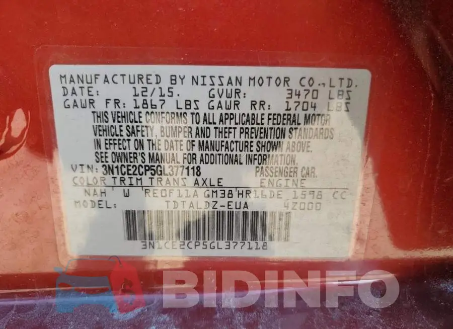 3N1CE2CP5GL377118 Photo# 13