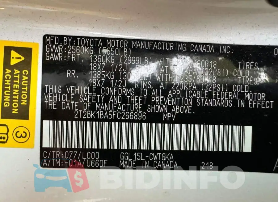 2T2BK1BA5FC266896 Photo# 10