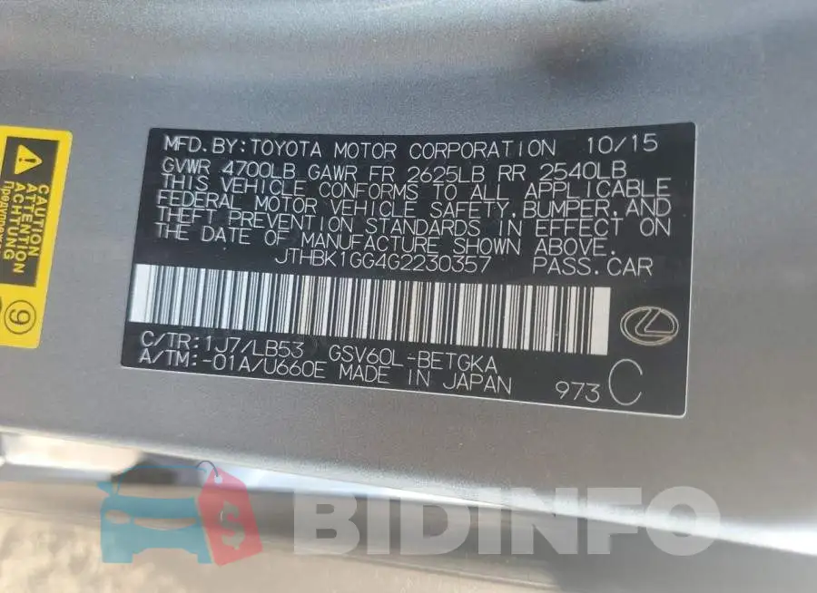 JTHBK1GG4G2230357 Photo# 12