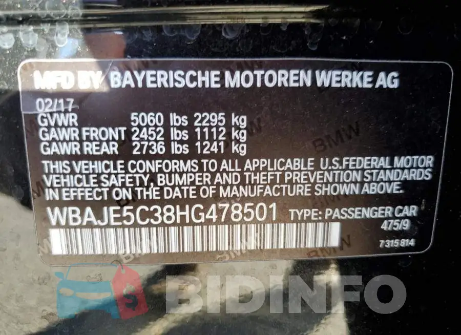 WBAJE5C38HG478501 Photo# 12