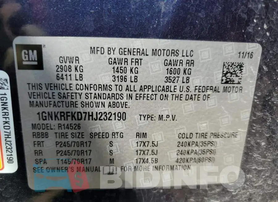 1GNKRFKD7HJ232190 Photo# 13